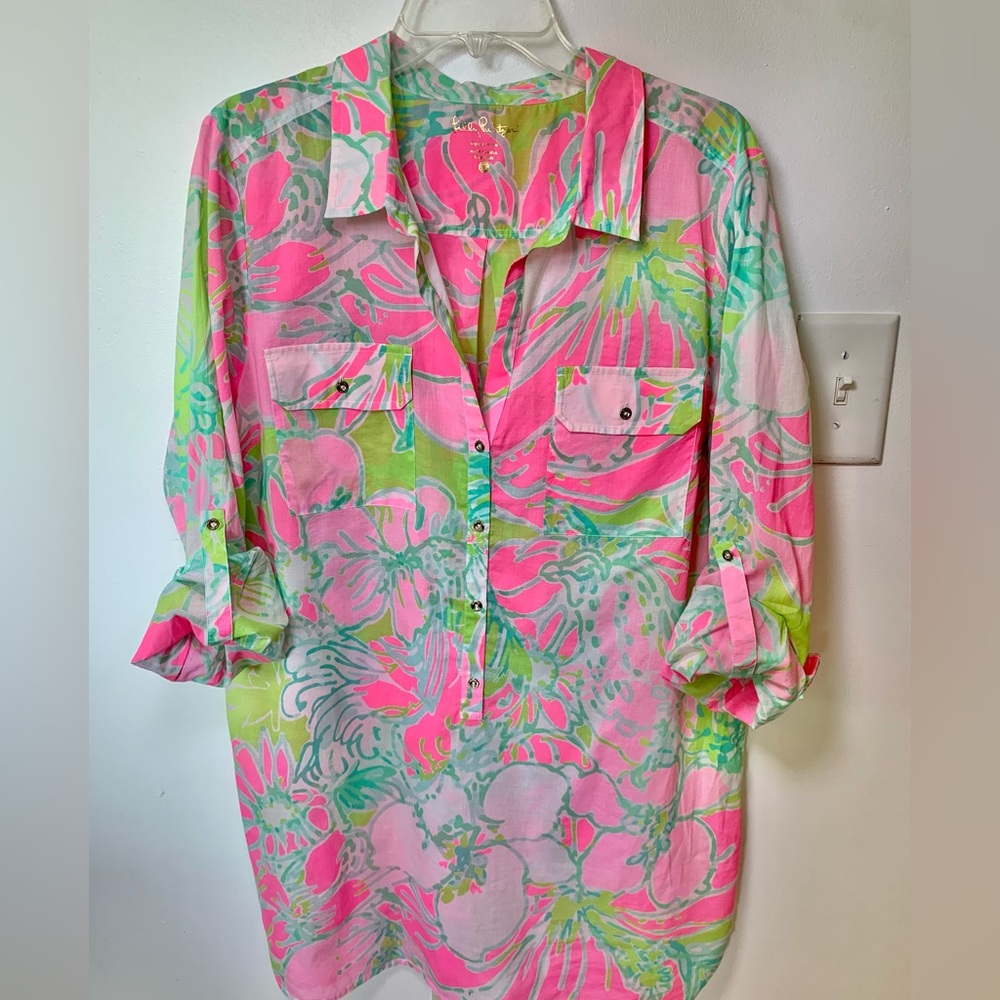 Lilly Pulitzer Captiva Button Down Collared Tunic Island Treasure -Pink/Green XL